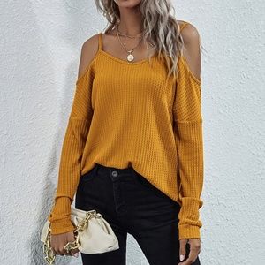 off shoulder waffle long sleeve knit top MUSTARD